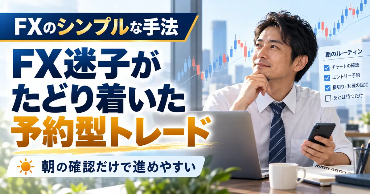 FXのシンプルな手法を探した会社員が朝にチャートを確認して予約型トレードを行うイメージ